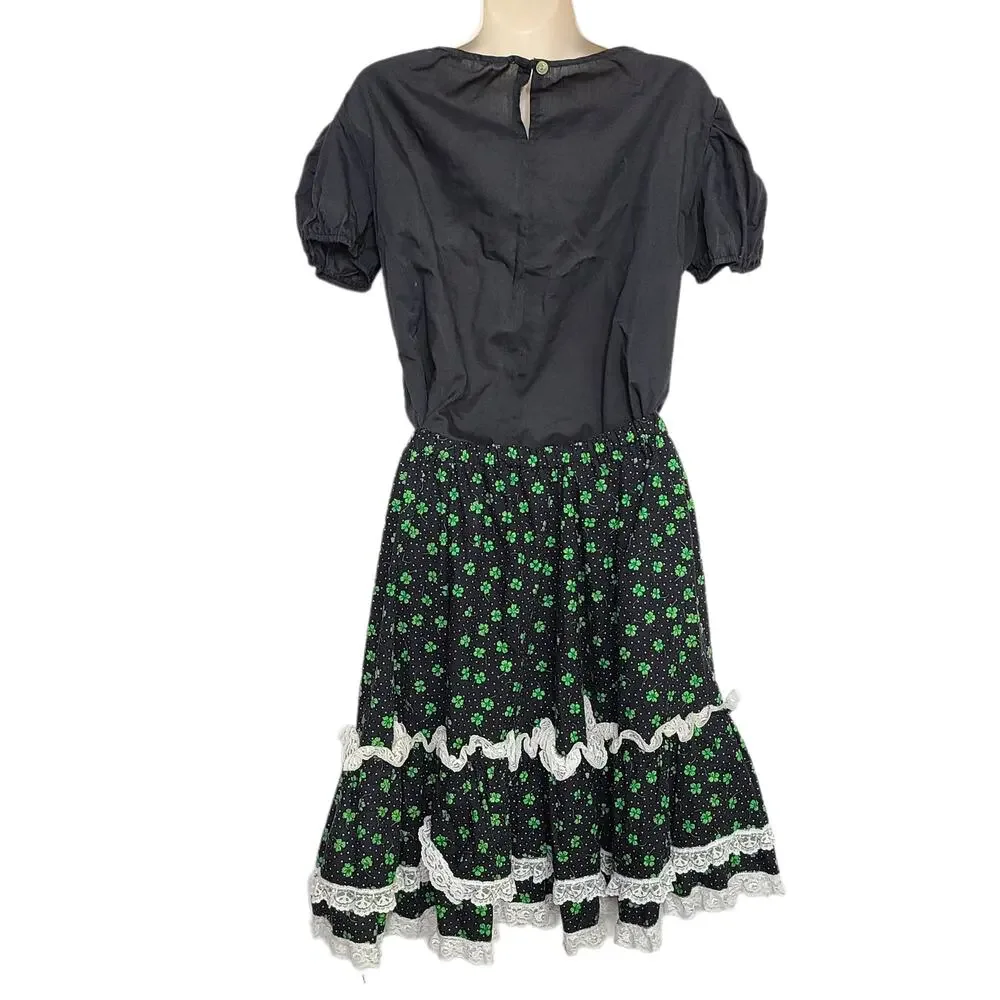 Vintage Square Dance Outfit Ruffle Shamrock St Patricks Day Small Black Green